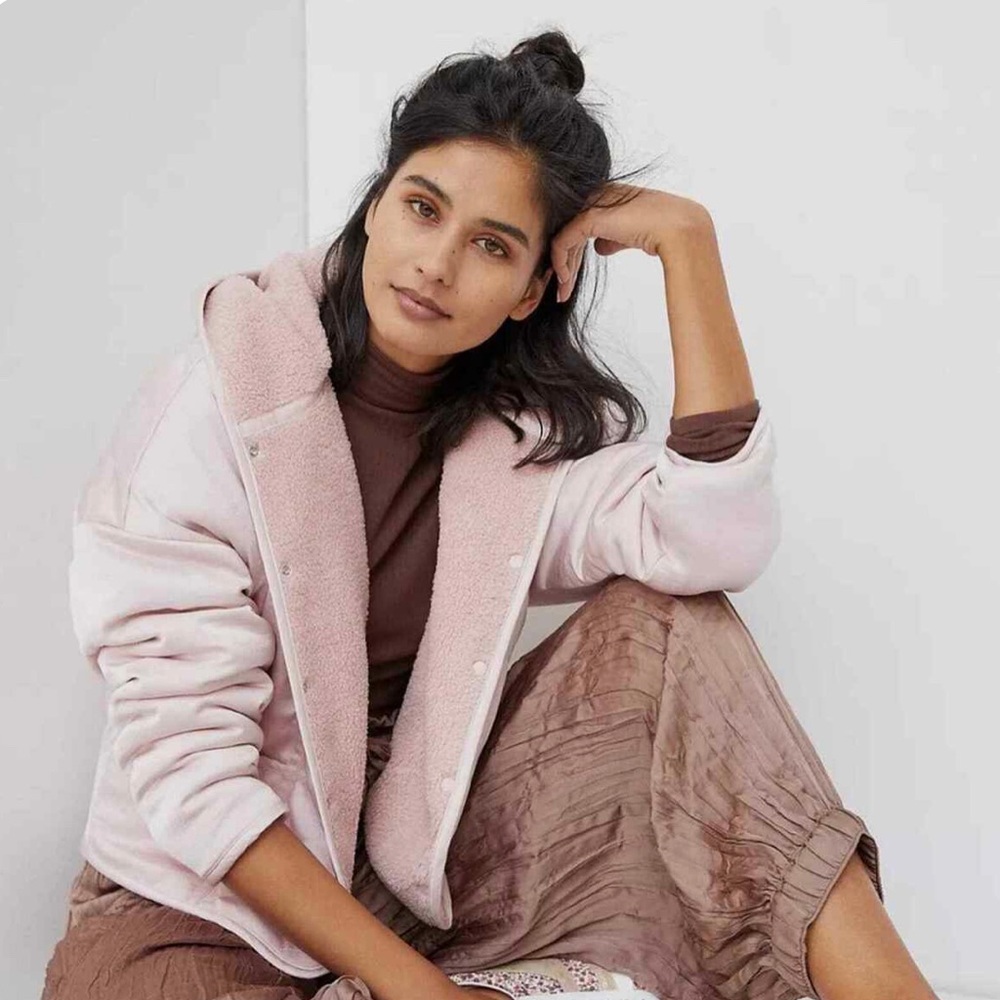 Anthropologie Saturday Sunday Medium Leona Sherpa Bomber Jacket Puffer Pink